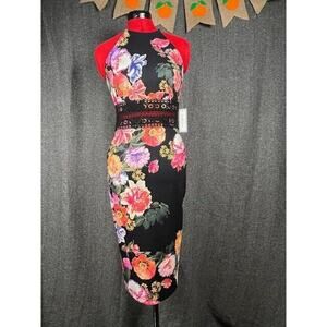 NWT PREMIER AMOUR Woman's Low Cross Back Dress Size 4. Retail $74. Black Floral